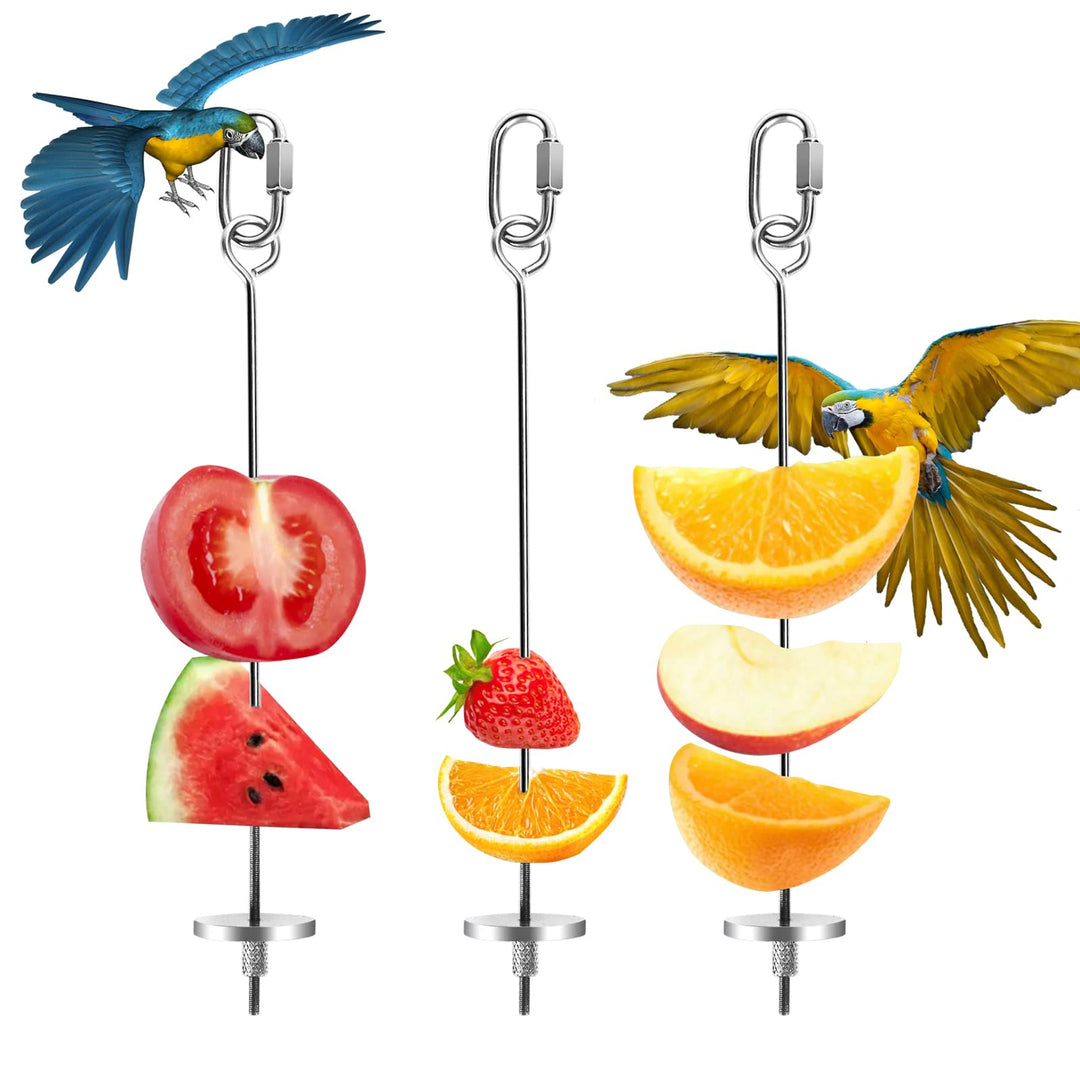 Fansunta 3 Pieces Bird Cage Food Holder Bird Cage Feeder Stainless Steel Bird Parrot Skewer Foraging Hanging Food Feeder Bird Cage Accessories for Macaws, Small Parakeets, Conures, Budgies, Finches