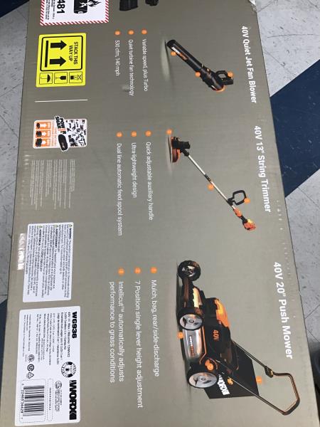 WORX Nitro WG936 40V Cordless 3-in-1 Combo Kit - Quiet Jet Fan Blower, 13" String Trimmer, 20" Push Mower Retail $600.00