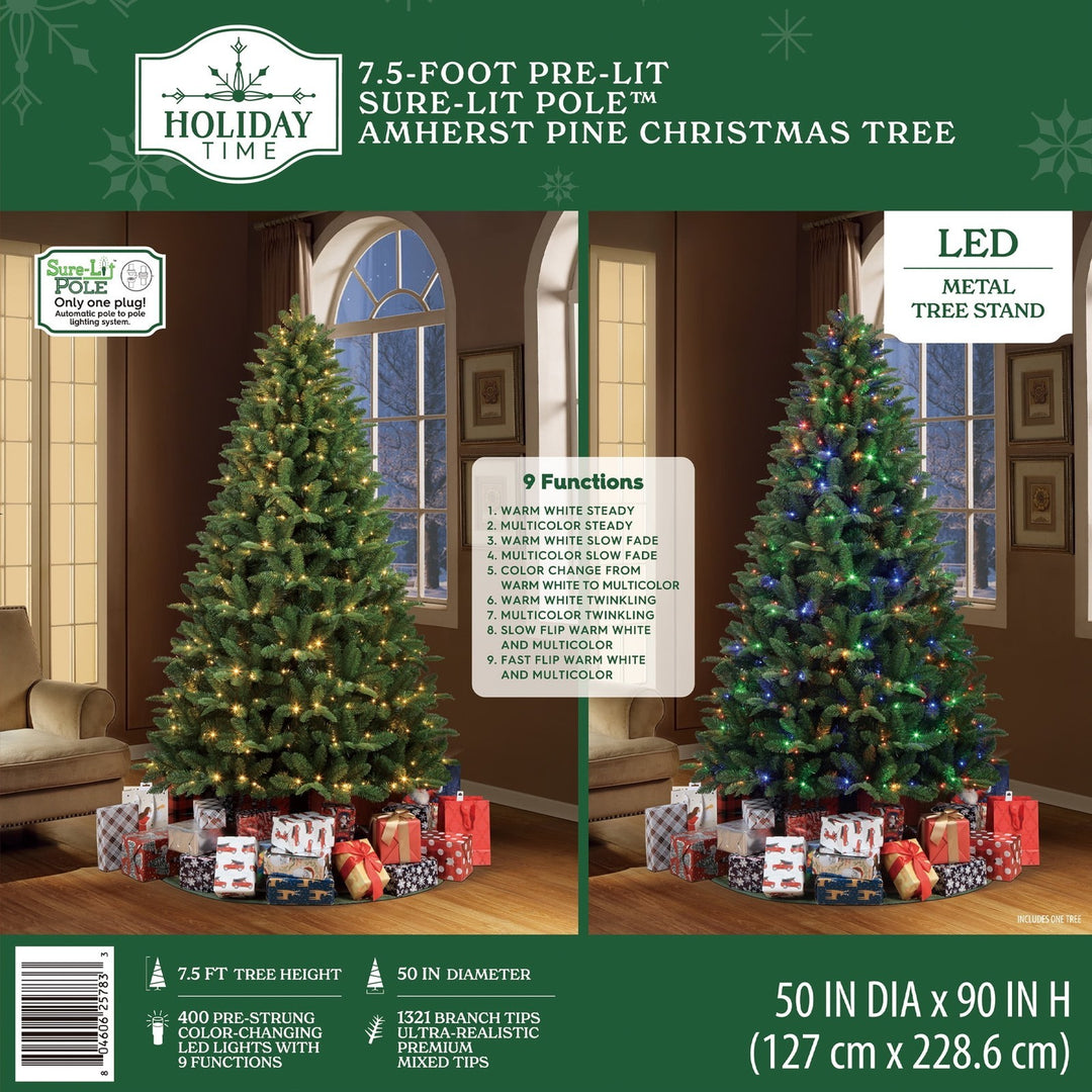 Holiday Time 7.5 Ft Pre-Lit Amherst Spruce Green Artificial Christmas Tree, 400