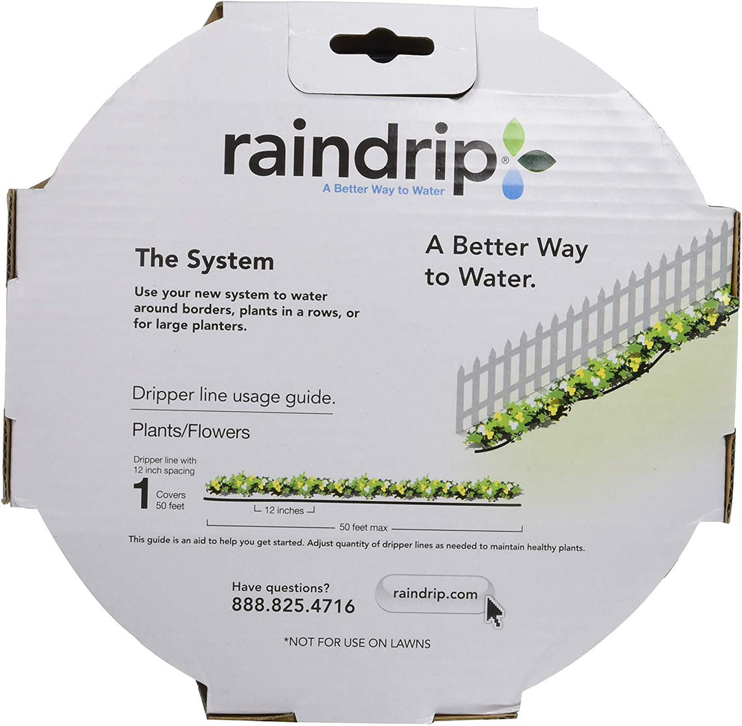 Raindrip R280DT Drip-A-Longâ„¢ 1/4 in. Dripline Kit includes 50 feet of 1/4-Inch Dripline preassembled with 1/2 GPH drippers, 5 Barbed Tees, 5 Barbed Elbows, 5 Barbed Couplings, 5 End Plugs