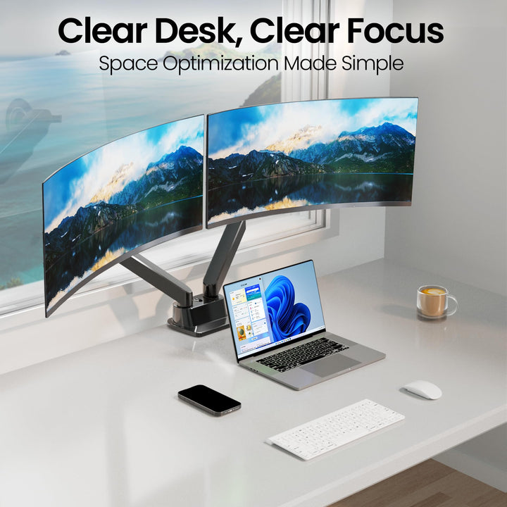 EVEO Premium Dual Monitor Mount 14"-32â€ Dual Monitor Arm VESA Bracket Adjustable Height Gas Spring Dual Monitor Stand, Screen Full Motion Dual Monitor Arm-Computer Monitor Stand for 2 Screens - Black