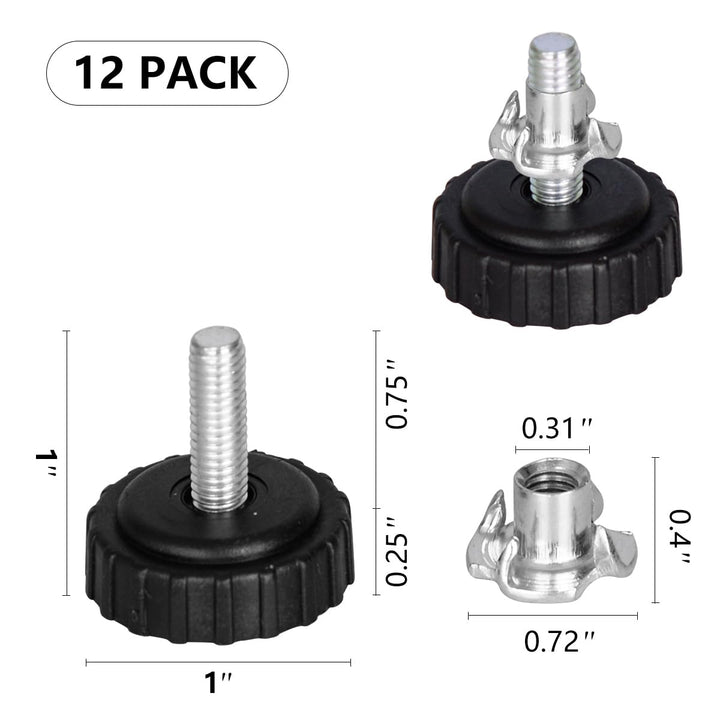 1/4" Thread Furniture Feet Levelers wth Nuts - 12Pcs Adjustable Leveling Feet with T-Nuts - Screw-in Threaded Glide Leveling for Bar Stool/Bench/Bed/Cabinet/Desk/Dresser/Wood Legs