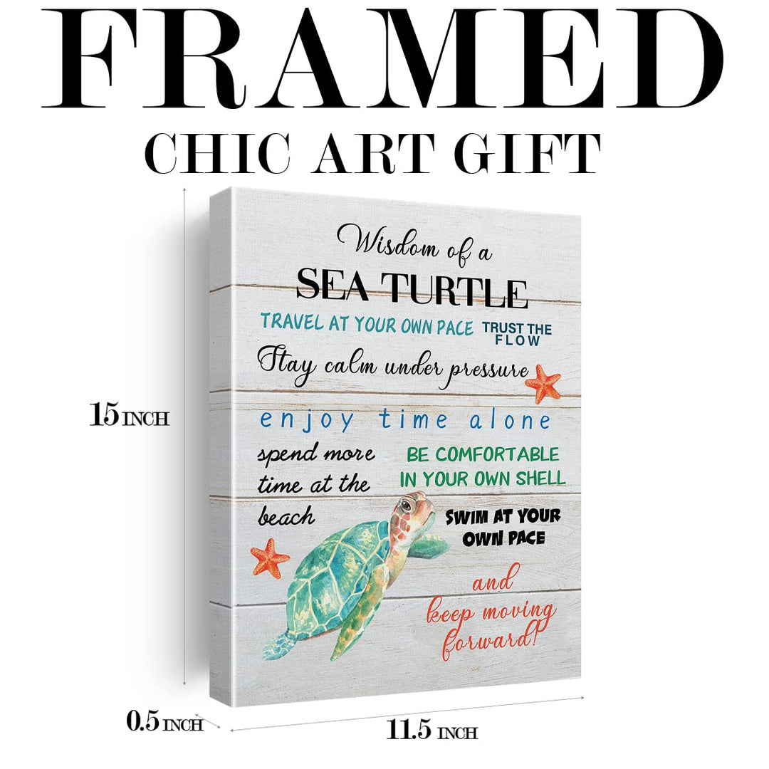 Inspirational Beach Canvas Wall Art Decor Wisdom of a Sea Turtle Poster Painting Framed Rustic Coastal Print Signs Picture for Home Room Decor 12 X 15 inch