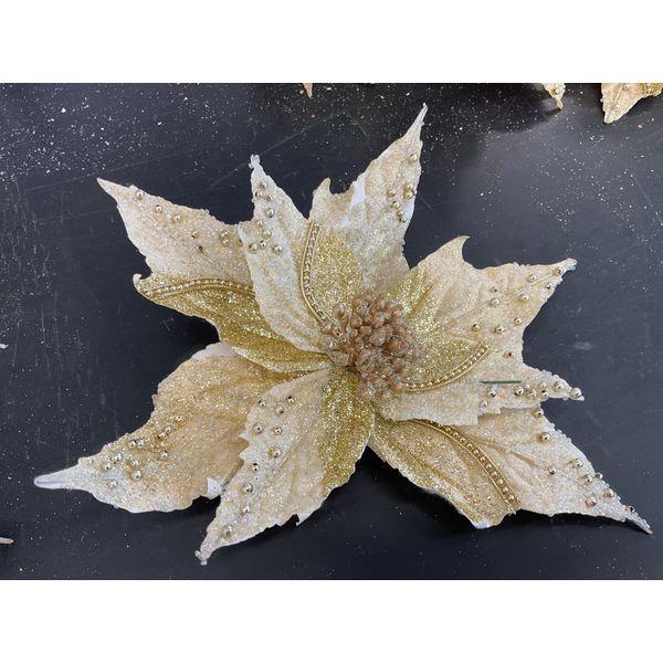 Glitter Gold Artificial Poinsettia Flower Clip - Festive Sparkle Retail $12.00