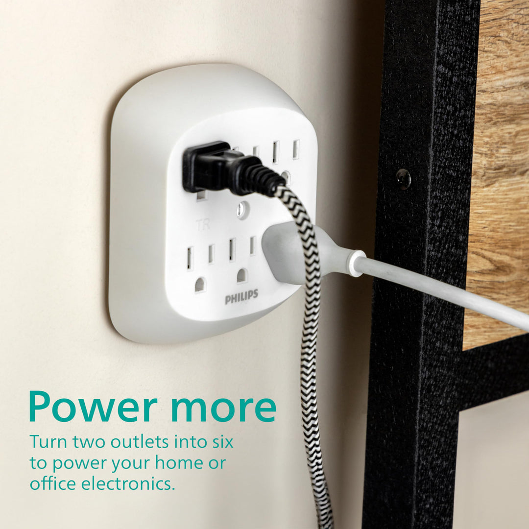 Philips 6 Adapter, Wall Tap Power Strip, Tamper Resistant Protected Outlets, 3-Prong, ETL Listed, White, SPS1461WA/37, 1 Pack