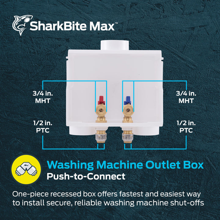 SharkBite 1/2 Inch x 3/4 Inch MHT Washing Machine Outlet Box, Push to Connect Brass Plumbing Fittings, PEX Pipe, Copper, CPVC, 24763