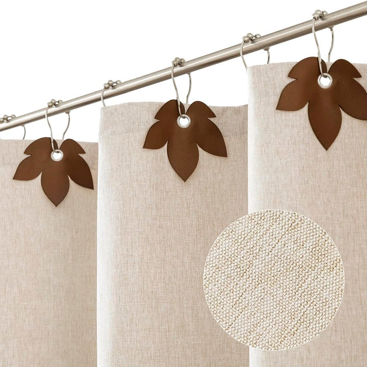 RINHARTEX Extra Long Linen Shower Curtain with Maple Leaves,Waterproof Cloth Shower Curtain Set with Plastic Hooks,Tall Hotel Luxury Fabric Shower Curtains for Bathroom-Cream/Beige-72 x78