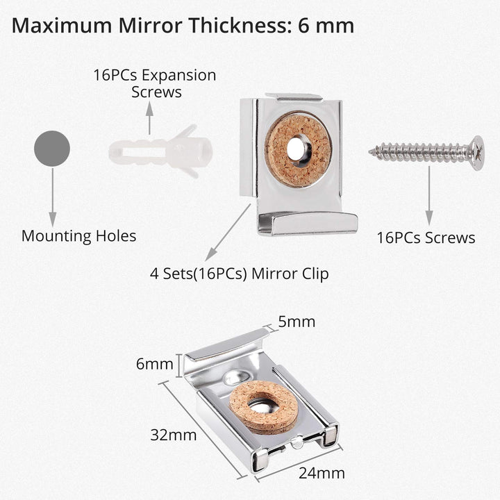 Kamtop 16 PCS Spring Loaded Mirror Hanger Clips, Unframed Mirror Holder Clips Set, Metal Mirror Wall Mounting Clips with Rawl Plugs and Screws (4 Sets)