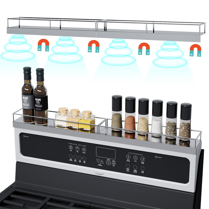 SYDWORKSHOP 30" Magnetic Shelf for Stove tops, 2 Pack 15'' Stove Spice Racks Organizer with Strong Magnets and Adhesive Pads for Small Kitchens (Silvery)