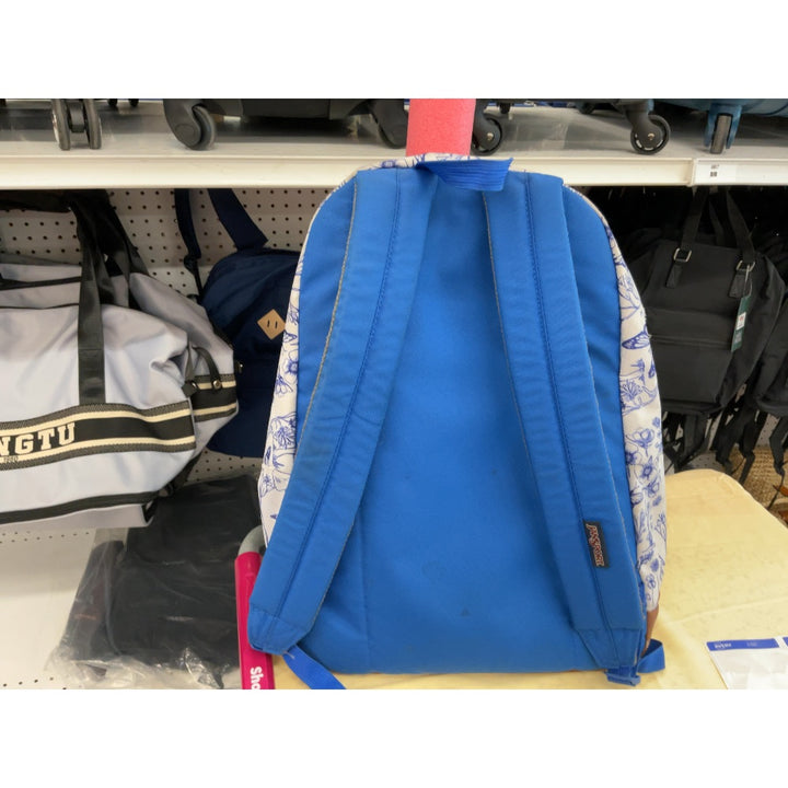 JanSport Backpack - Floral Design, Brown Accents, Blue Details