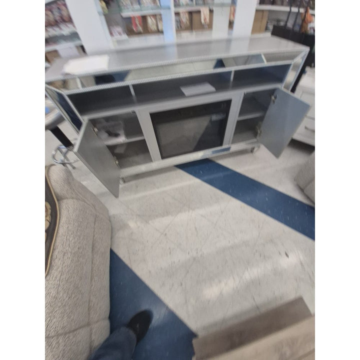 Mirrored Fireplace TV Stand, Mirrored Finish, Shelving, Modern Design