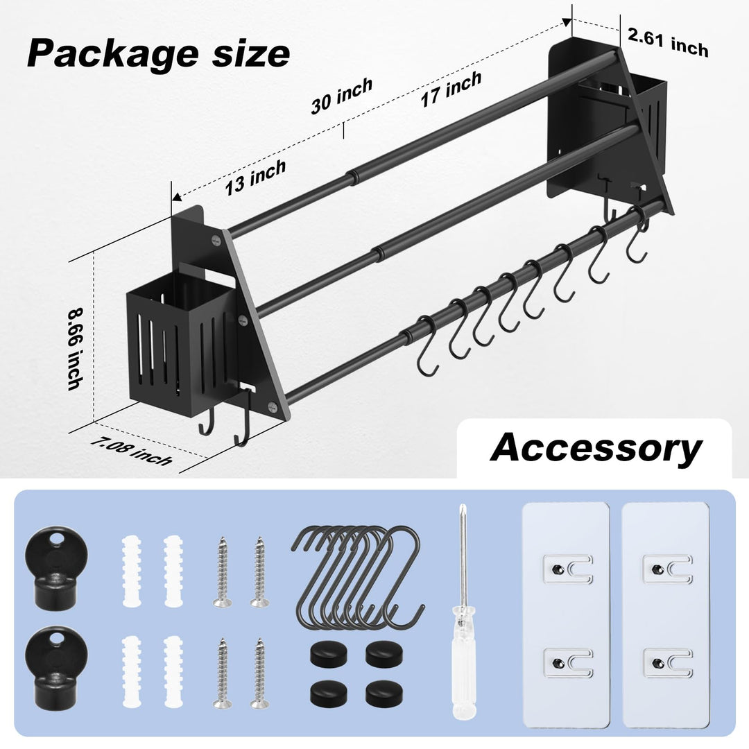 Towel Bars Freely Retractable 17-30 Inches Bathroom Towel Rack with Hooks and Storage Box,Matte Black 3-Tiers Ladder Towel Rails Free Hole Wall Mounted Adjustable,Multiple Towel Rack