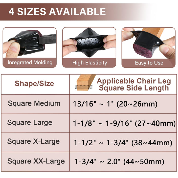 Chair Leg Floor Protectors Square Chair Leg Protectors for Hardwood Floors Silicone Caps Felt Strengthen Bottom Protection Non Slip Reduce Noise 32 Pack Black Square XXL Fit:1-3/4" ~ 2.0" (44~50mm)