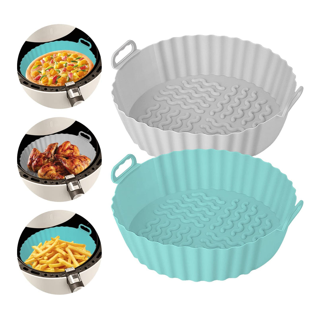 Hiyaloo 2Pcs Air Fryer Silicone Liners 7.5'' Round BPA Free Non Stick Silicone Reusable Parchment Paper Replacement Fits 3-5QT Air Fryer (Blue+Grey, 2), 7.68''x 6.89''x 1.96 ''