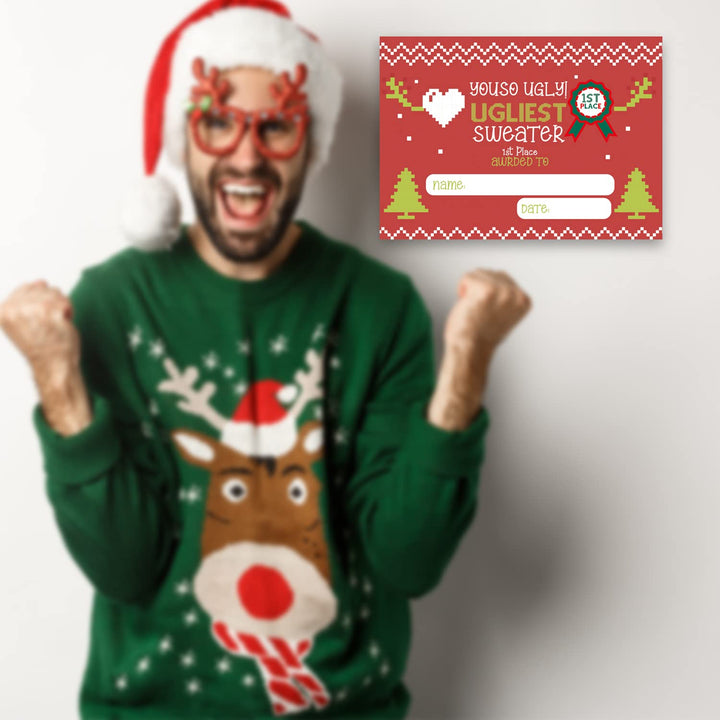 Ugly Christmas sweater voting suit, Ugly Sweater Party Christmas Party, Tacky Christmas Party-1 Sign,1Awards and 50 Guessing Cards(41C)