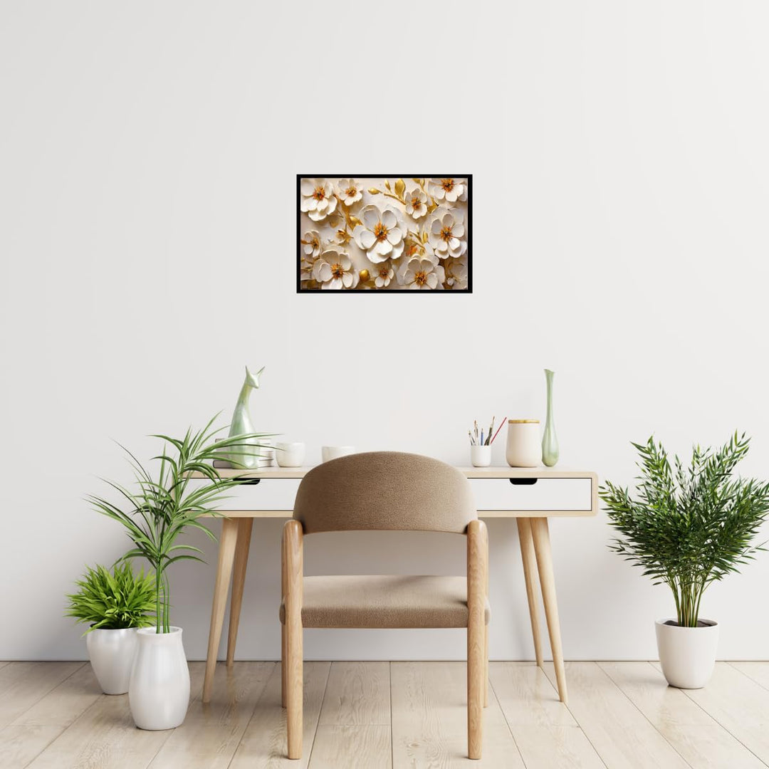 Seekland Art Framed 3D White Floral Oil Painting Minimalist Flower Canvas Print Wall for Bathroom Decor Bedroom Office Decoration