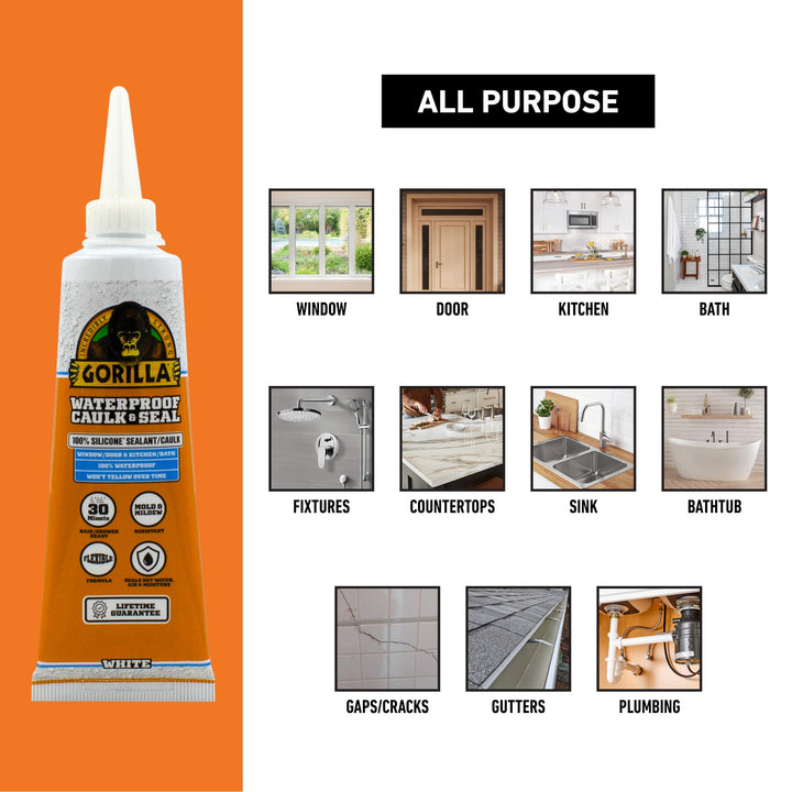 Gorilla Waterproof Caulk & Seal Silicone Sealant, 2.8oz Squeeze Tube (Pack of 1) - White Caulking Sealant for Kitchen, Window, Bath, Marine, Door and More