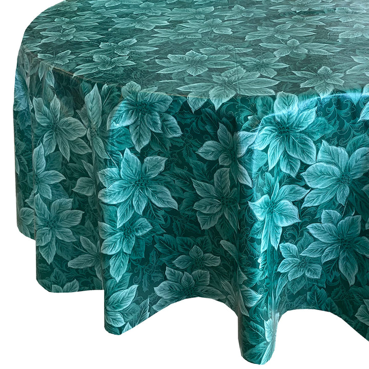Newbridge Hunter Green Poinsettia Scroll Vinyl Christmas Tablecloth with Flannel Backing, Poinsettia and Holly Damask Look Vinyl Flannel Back Tablecloth, 60â€ x 84â€ Oval