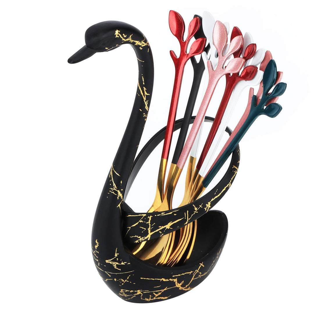 AnSaw Black Swan Base Holder with 5-Pieces 4.7-inch Small Coffee Spoons and 5-Pieces Dessert Fork, Leaf Handle Set (White & Gold)
