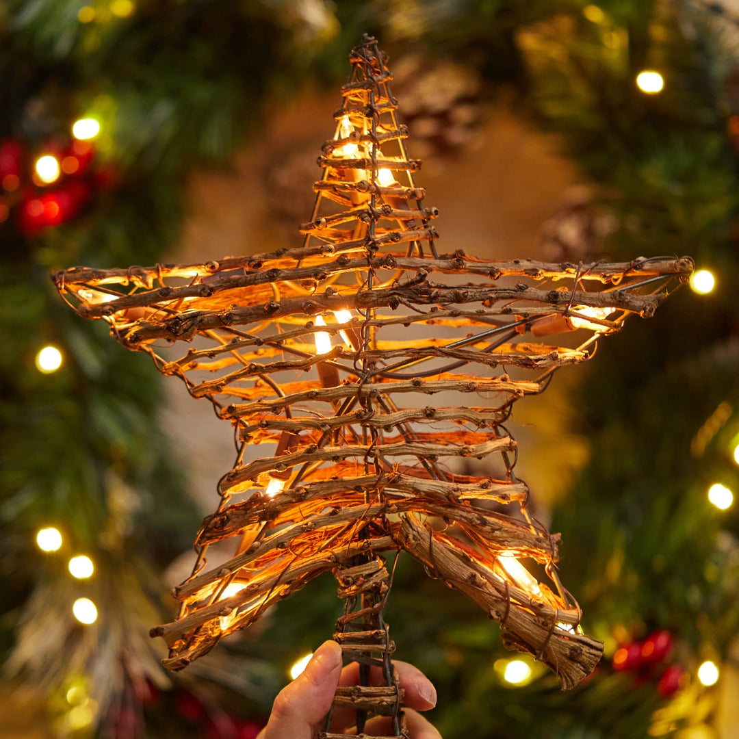 Christmas Star Tree Topper, Plug in 12" 3D Tree Star Topper, Rustic Rattan Natural Built-in 10-Bulb String Lights for Vintage Classic Christmas Decorations New Year Holiday Home Office Indoor