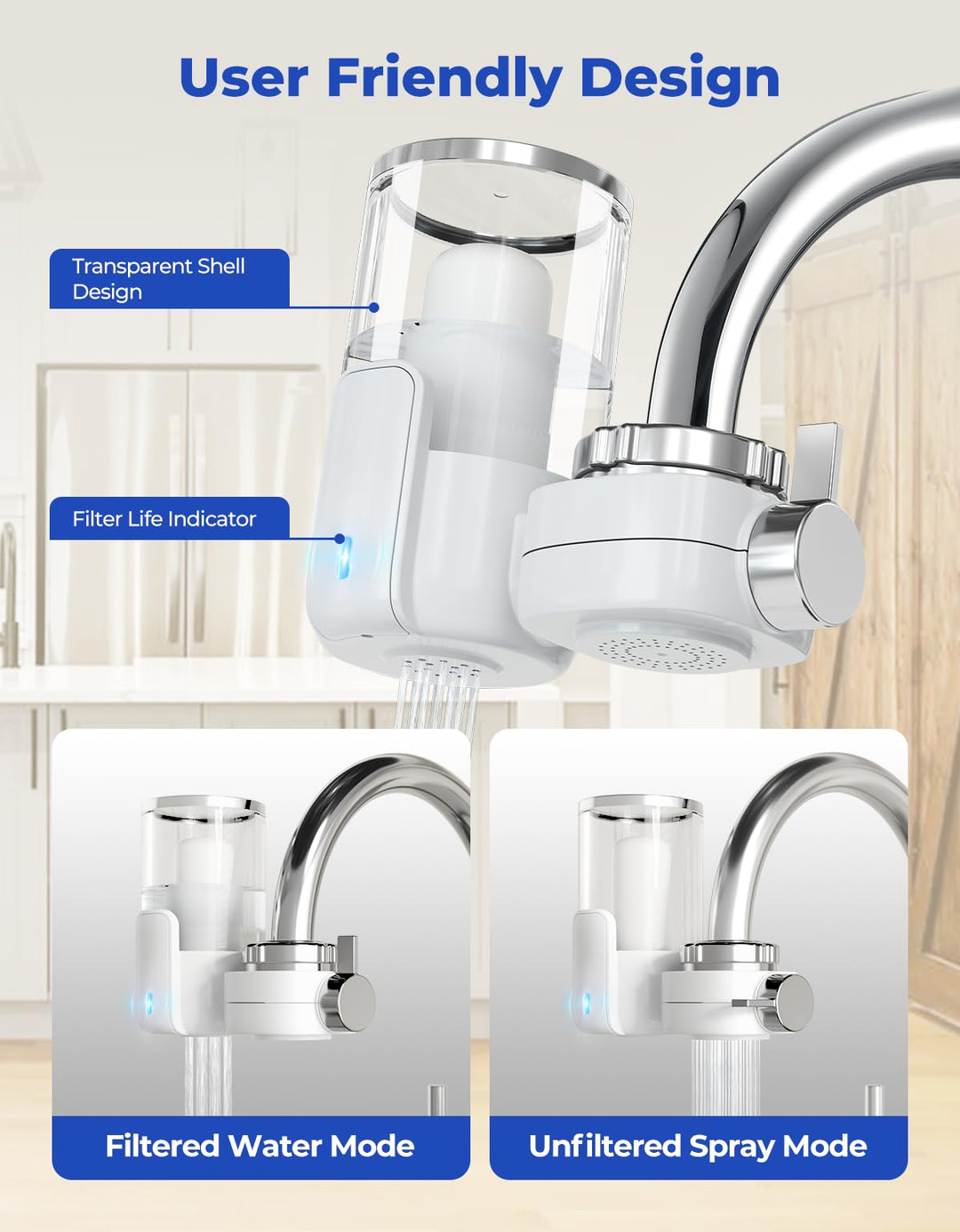 Reinmoson Faucet Water Filter for Sink Life Span Indicator & Transparent Shell, 400-Gallon Tap Water Filter System for Kitchen Sink, NSF Certified Reduces Lead Chlorine & Bad Taste
