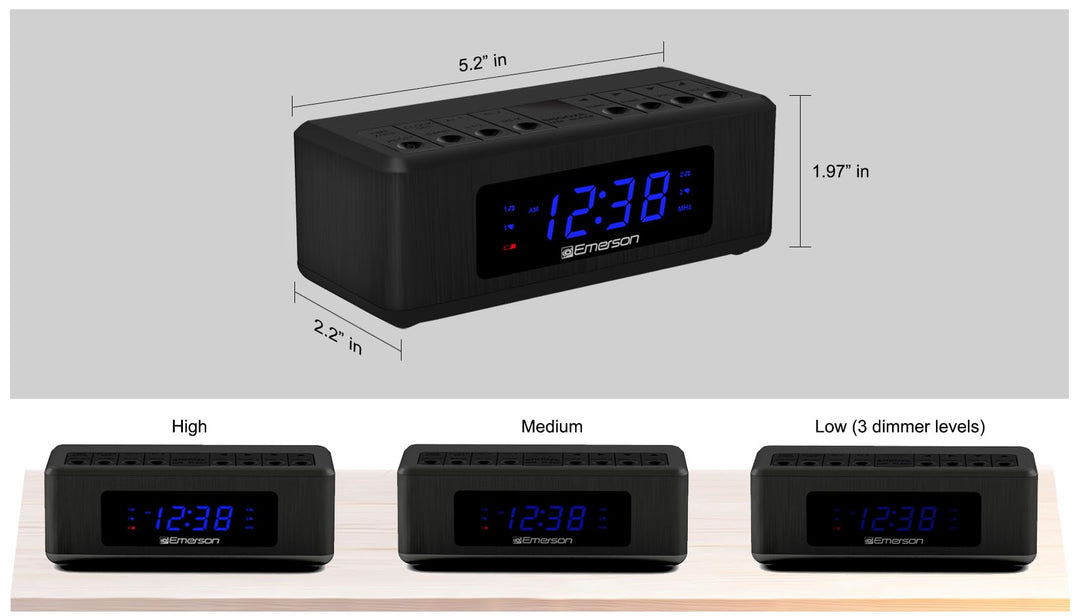 Emerson CK2023AM/FM Dual Alarm Clock Radio with 0.6" Blue LED Display, 4-Level dimmer, and Wake to Radio/Buzzer Alarm, Black