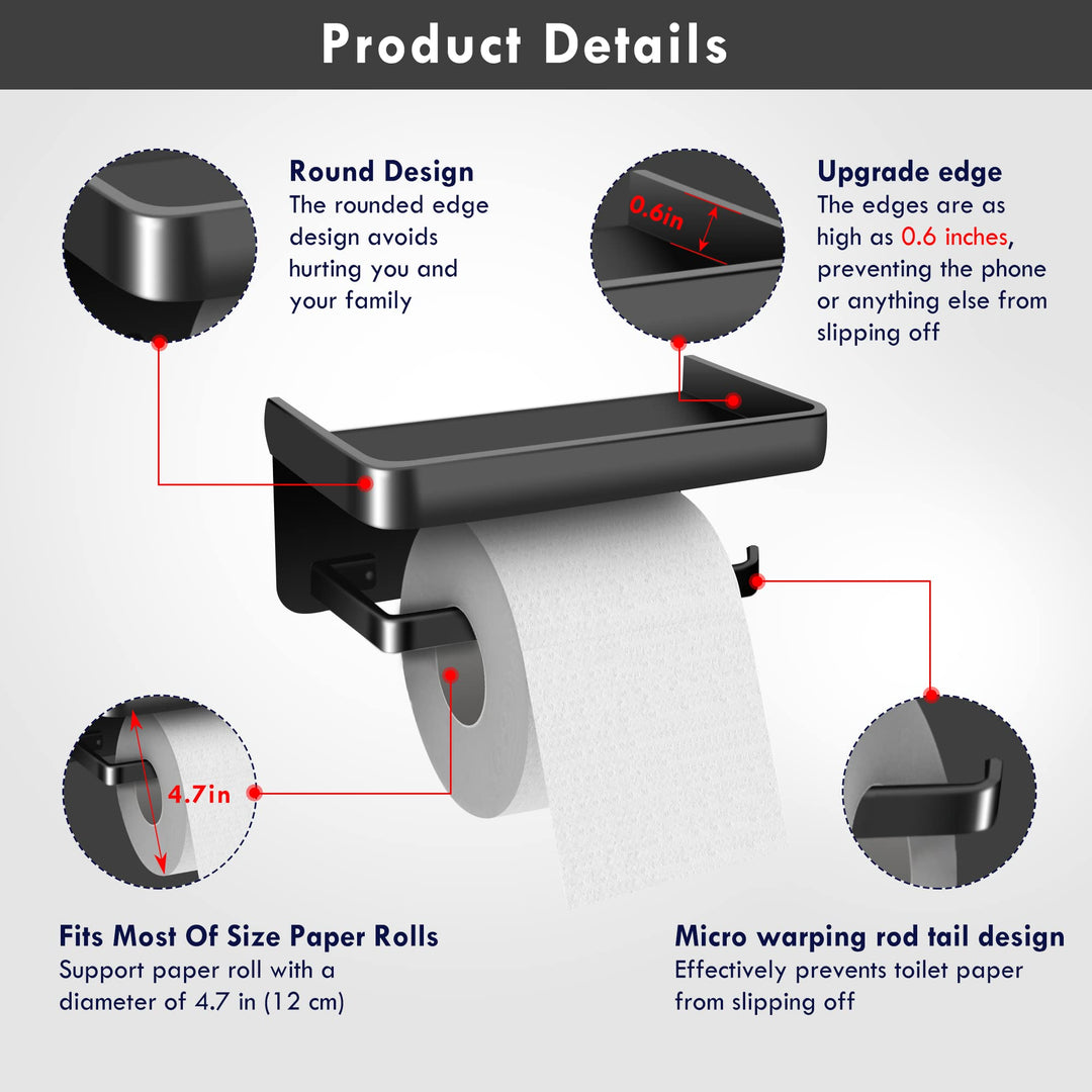 2PCS Toilet Paper Holder with Shelf, Matte Black Toilet Paper Holder, Toilet PaperHolder Wall Mount, Bathroom Adhesive Toilet Paper Holder SUS 304 Stainless Steel Modern Paper Towel Holder.