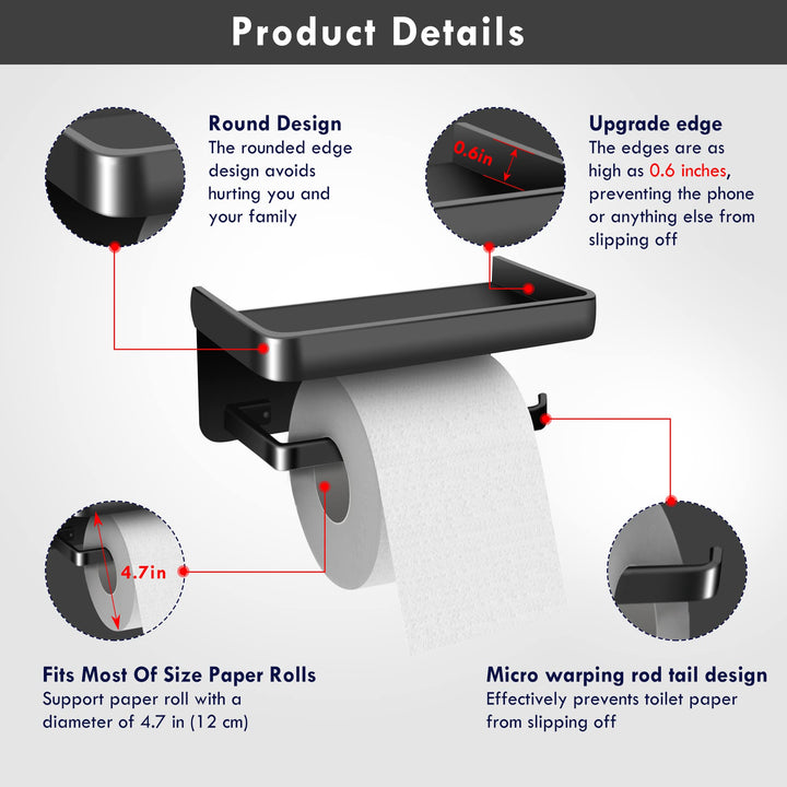 2PCS Toilet Paper Holder with Shelf, Matte Black Toilet Paper Holder, Toilet PaperHolder Wall Mount, Bathroom Adhesive Toilet Paper Holder SUS 304 Stainless Steel Modern Paper Towel Holder.