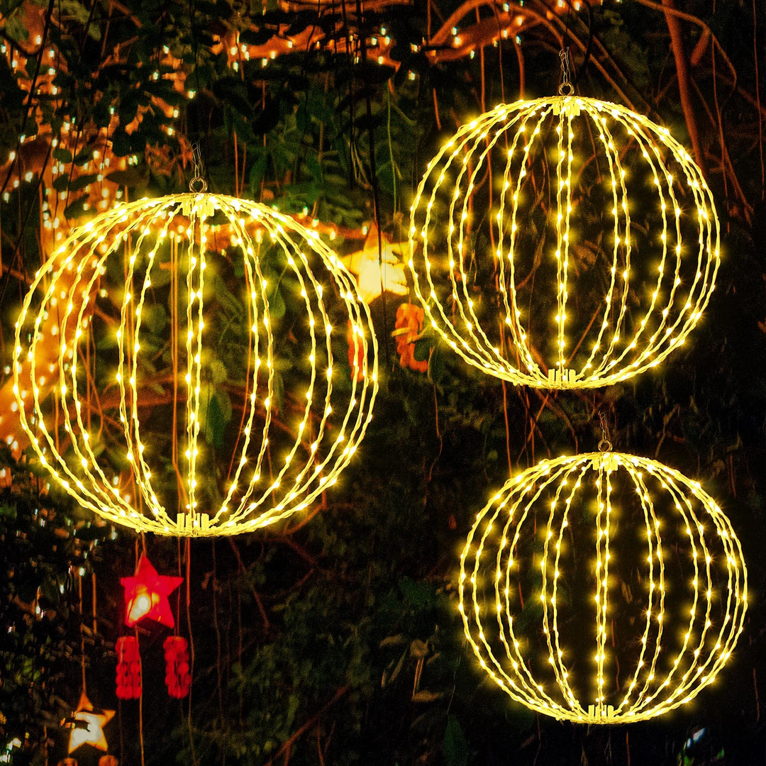 Gulfmew 3 Pack Outdoor Ball Light Sphere, 16 Inch 8 Modes Large Hanging Tree Globe Light, Foldable Iron Frame Ball Light with Plug Charging for Yard Patio Garden Decoration Ornament