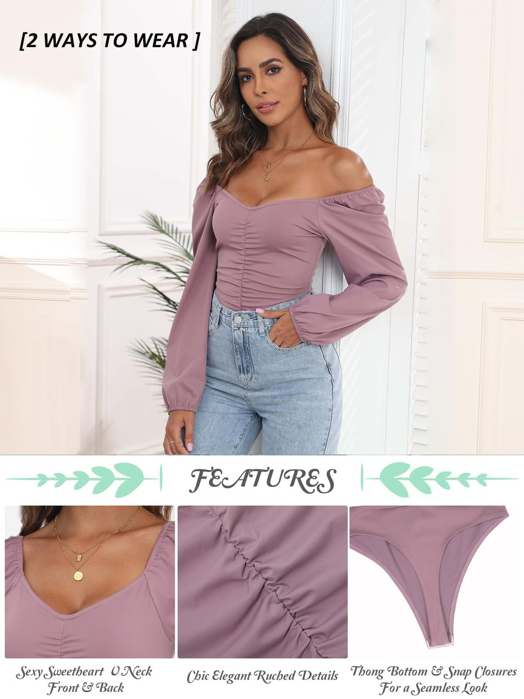 DEOLINA Womens Sexy Sweatheart Neck Bodysuit Tops Plus Cute Long Sleeve Ruched Bodysuits Stretch Leotard (Purple,XL)