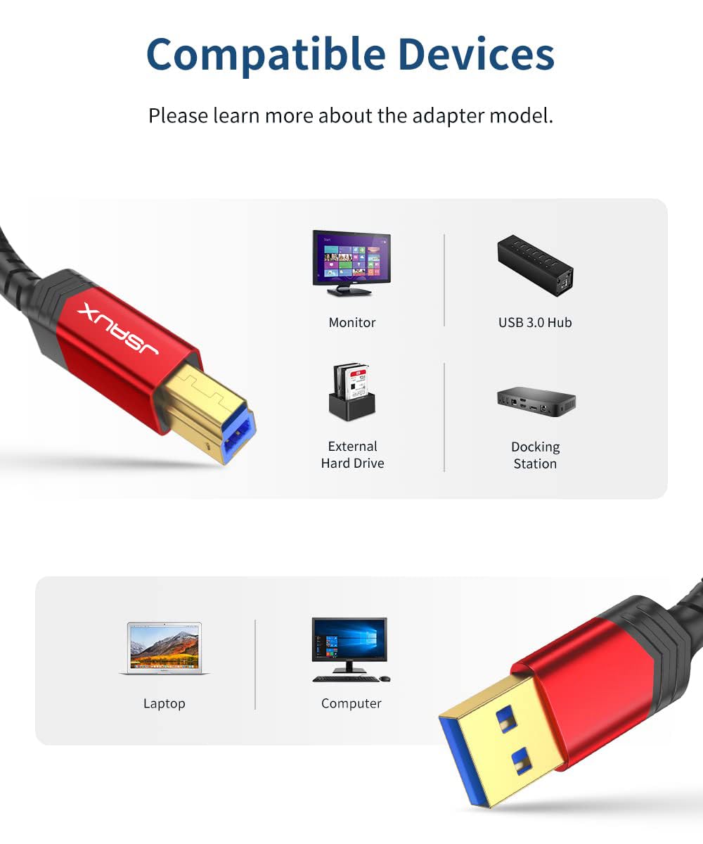 JSAUX USB 3.0 Printer Cable, Type A Male to B 3.0 Male (10ft/3M) USB 3.0 Type B Upstream Cord Nylon Braided Compatible with Docking Station, External Hard Drivers, Scanner, Printer and More(Black)