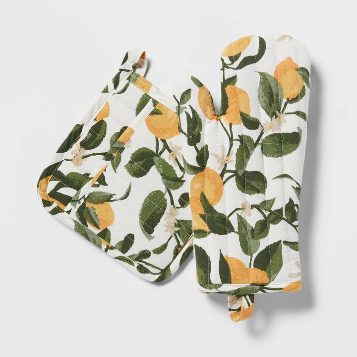 2pc Cotton Printed Lemon Oven Mitt and Pot Holder Set - Threshold™ Retail $10.00