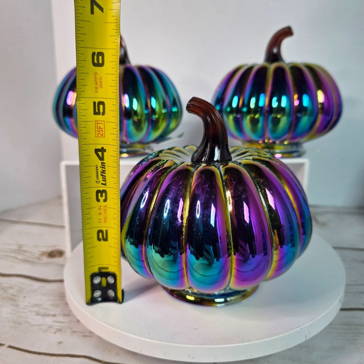 Set of 6 Dark Iridescent Glass Pumpkins & Gourds 5" Tall Decorative Accents