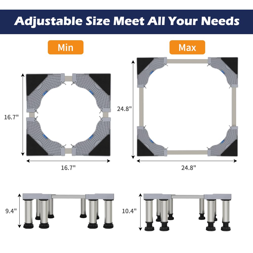 LUCKUP Washing Machine Stand Refrigerator Stand with 8 Heavy Duty Feet (Height: 9.4"-10.4") Washer Pedestal Adjustable Base for Washer and Dryer, Fridge, Max Load 440LB/200KG