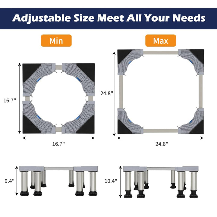 LUCKUP Washing Machine Stand Refrigerator Stand with 8 Heavy Duty Feet (Height: 9.4"-10.4") Washer Pedestal Adjustable Base for Washer and Dryer, Fridge, Max Load 440LB/200KG