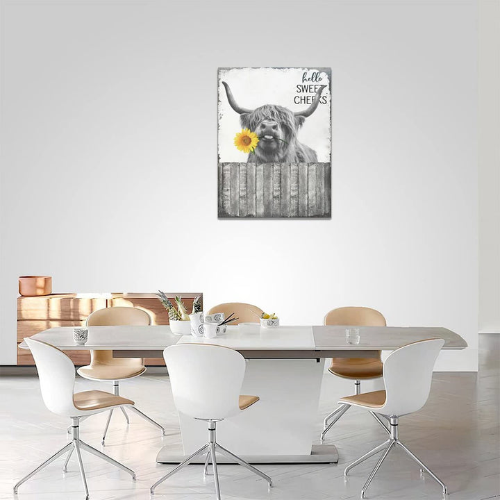 Hello Sweet Cow Bathroom Decor Wall Art Highland Cow Poster Funny Cow Pictures Rustic Farmhouse Cow Canvas Print Black and White Painting Animal Wall DÃƒÂ©cor Framed Artwork 12"x16"
