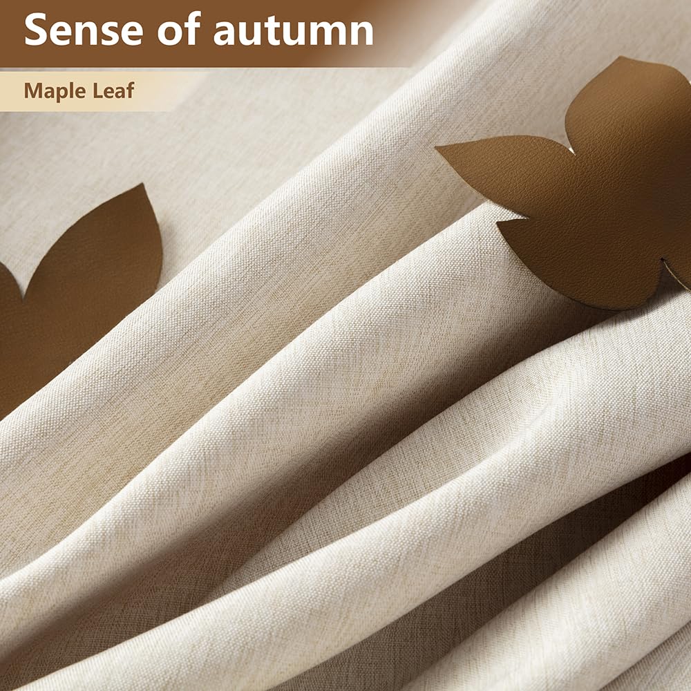 RINHARTEX Extra Long Linen Shower Curtain with Maple Leaves,Waterproof Cloth Shower Curtain Set with Plastic Hooks,Tall Hotel Luxury Fabric Shower Curtains for Bathroom-Cream/Beige-72 x78