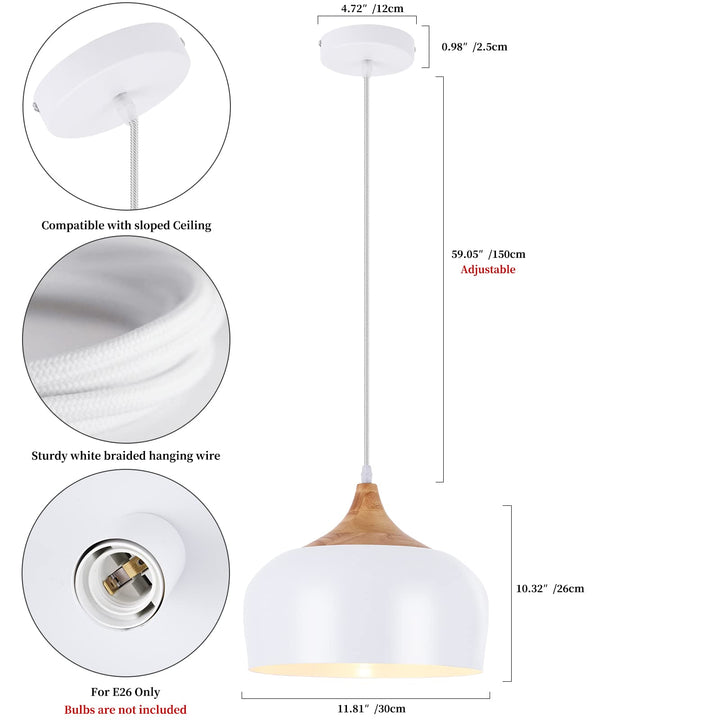 POLITAMP Modern Large Pendant Lights,Wooden Dome Pendant Light Fixture,Adjustable Hanging Pendant Lighting,ChandelierLamp for Kitchen Island,Dining Room,Hallway,Bedroom(White)