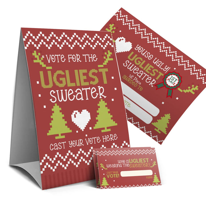 Ugly Christmas sweater voting suit, Ugly Sweater Party Christmas Party, Tacky Christmas Party-1 Sign,1Awards and 50 Guessing Cards(41C)