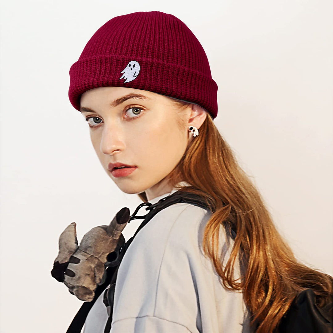 LHSCVUFASC Halloween Ghost Hat Boo Winter Short Knit Beanie Hats for Men Women Soft Warm Unisex Skull Cap Daily Burgundy red Retail $9.00