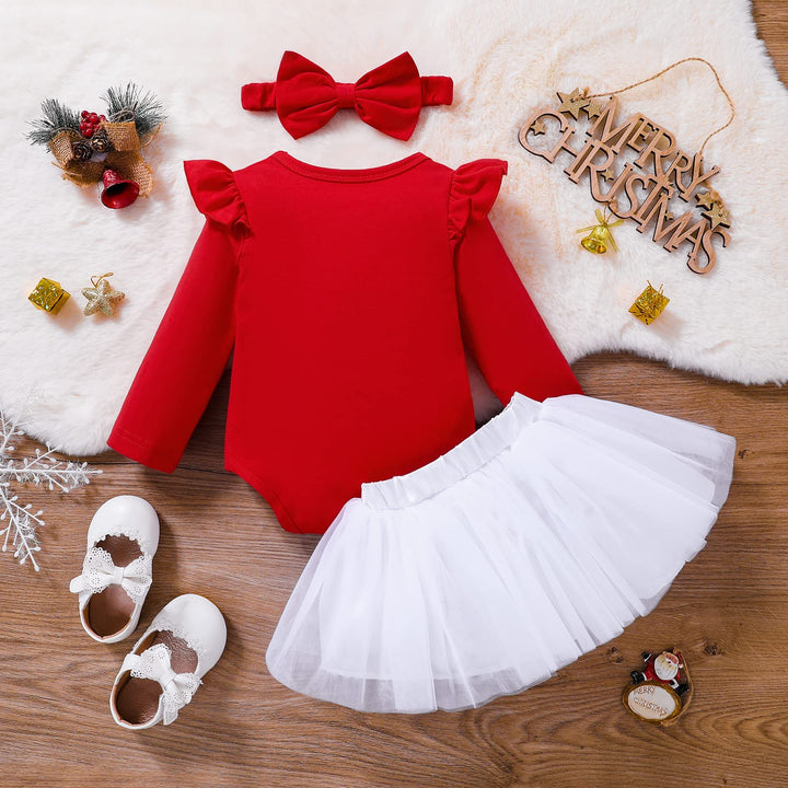 LitBear Baby Girl Christmas Tutu Dress Outfit Long Sleeve Santa Romper Bodysuit Tulle Skirt with Headband Toddler Xmas 3M 6M 12M 18M Clothes Set