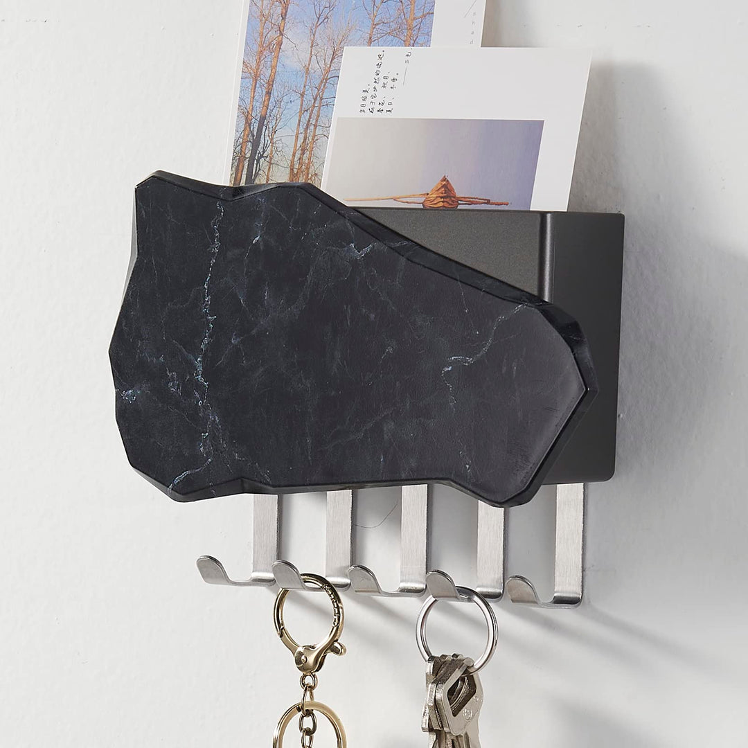 Free Angel Key Holder Wall Mounted Key Rack with Storage Box- 5 Hooks,Black Marble Pattern Box for Entryway,Bedroom,Keys