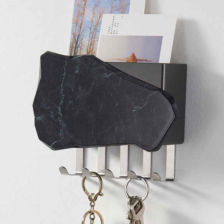 Free Angel Key Holder Wall Mounted Key Rack with Storage Box- 5 Hooks,Black Marble Pattern Box for Entryway,Bedroom,Keys