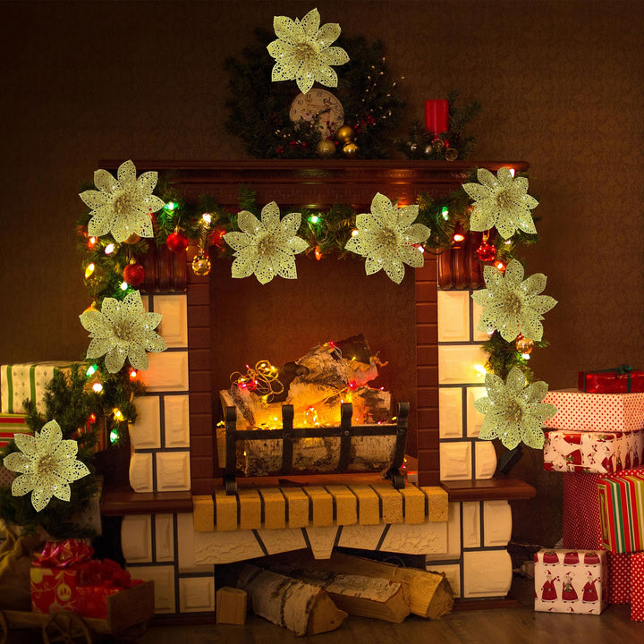 16 PCS 5.5'' Gold Poinsettia Christmas Decorations,Glitter Poinsettias Artificial Christmas Flowers with Clips,Christmas Ornaments Christmas Tree Decorations DIY Xmas Wreath Holiday Home Party Decor