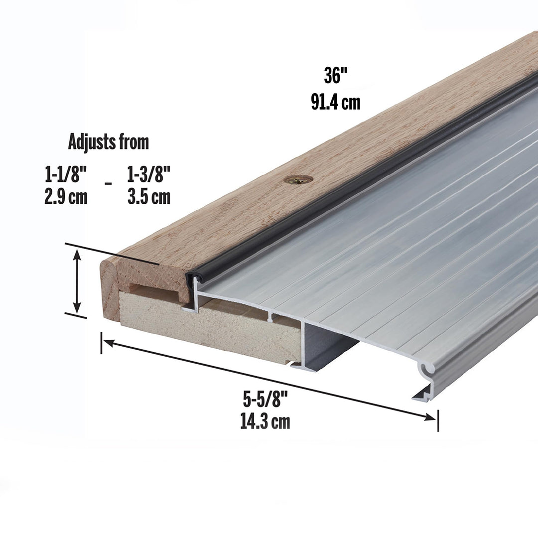 M-D Building Products 78600 5-5/8 in. x 1-1/8 in. x 36 in. Silver Adjustable Aluminum & Hardwood Threshold Kit - Versatile Solution for French and Exterior Doors