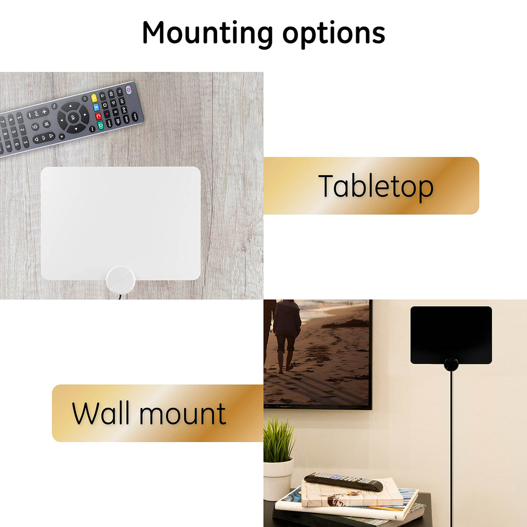 GE Ultra-Thin Amplified TV Antenna, 4K Ready 1080P Digital HDTV UHF VHF, Long Range Indoor TV Antenna, Amplifier with LTE Filter, Reversible Black/White Finish, 48862