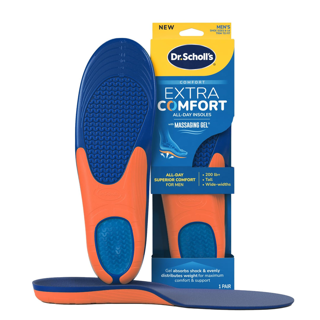Dr. SchollÃ¢â‚¬â„¢s Extra Comfort Support Insoles Men, Size 8-14, 1 Pair: All-Day Comfort Shoe Inserts with Massaging Gel for Big & Tall Men, 200lbs+, Wide Feet - Arch Support Inserts for Men, Trim to Fit