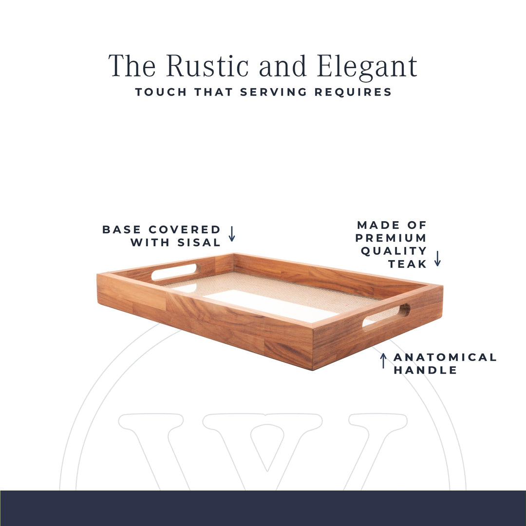 WOODART - Wood and Sisal Rope Decorative Tray - Hosting Adornment, Decorative Dish - Decoration Accessory, Rectangle Brown Wooden Ottoman Tray - Serving Platter, Candle Display - Teak 18x12Ã¢â‚¬Â