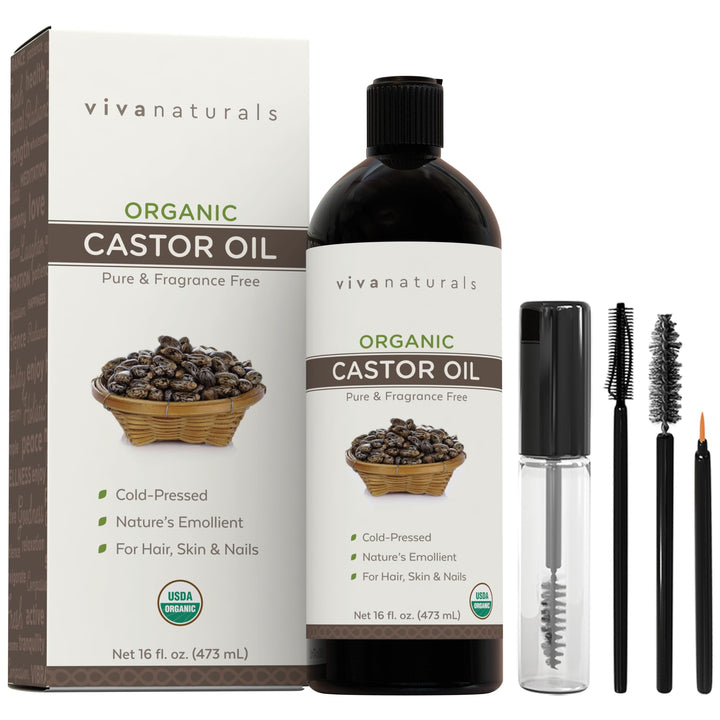 Viva Naturals Organic Castor Oil, Cold-Pressed, 16 fl oz Ã¢â‚¬â€œ For Face, Hair, Eyelashes, USDA Organic, Non-GMO - With Beauty Kit