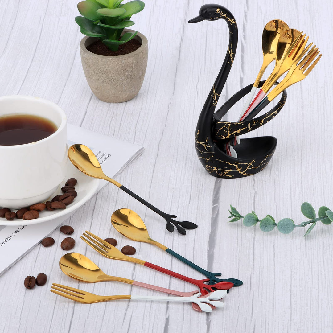 AnSaw Black Swan Base Holder with 5-Pieces 4.7-inch Small Coffee Spoons and 5-Pieces Dessert Fork, Leaf Handle Set (White & Gold)